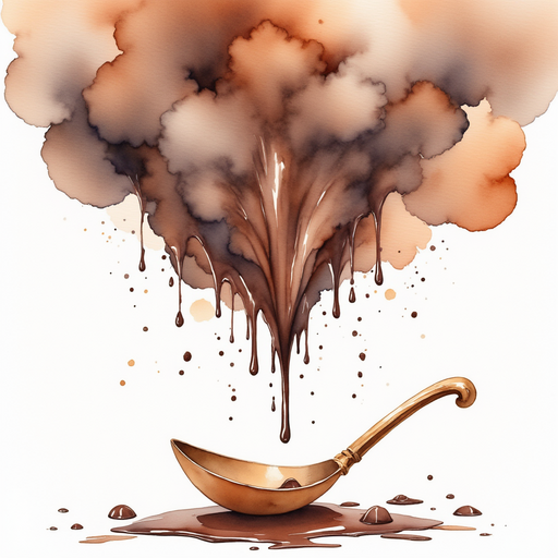 A shiny copper lever quivers beneath dripping chocolate. In the background, swirling storm clouds