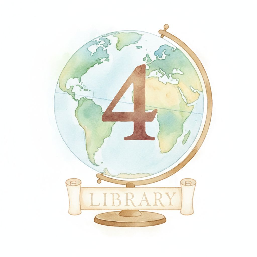 The number "4" depicted on a globe that you might see in a library.