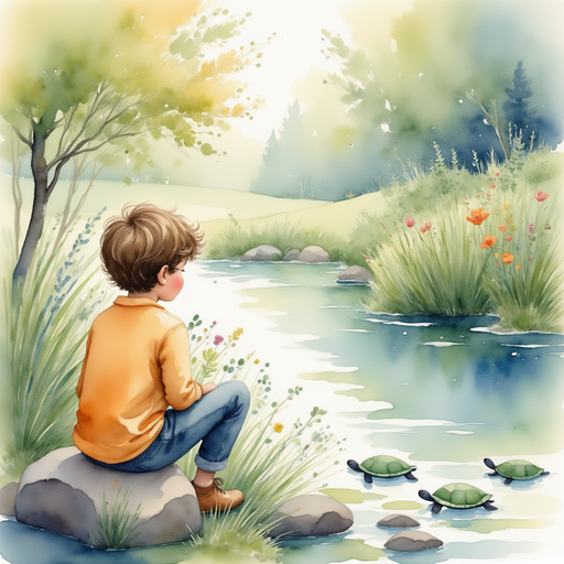 James sitting by the pond, watching the turtles.