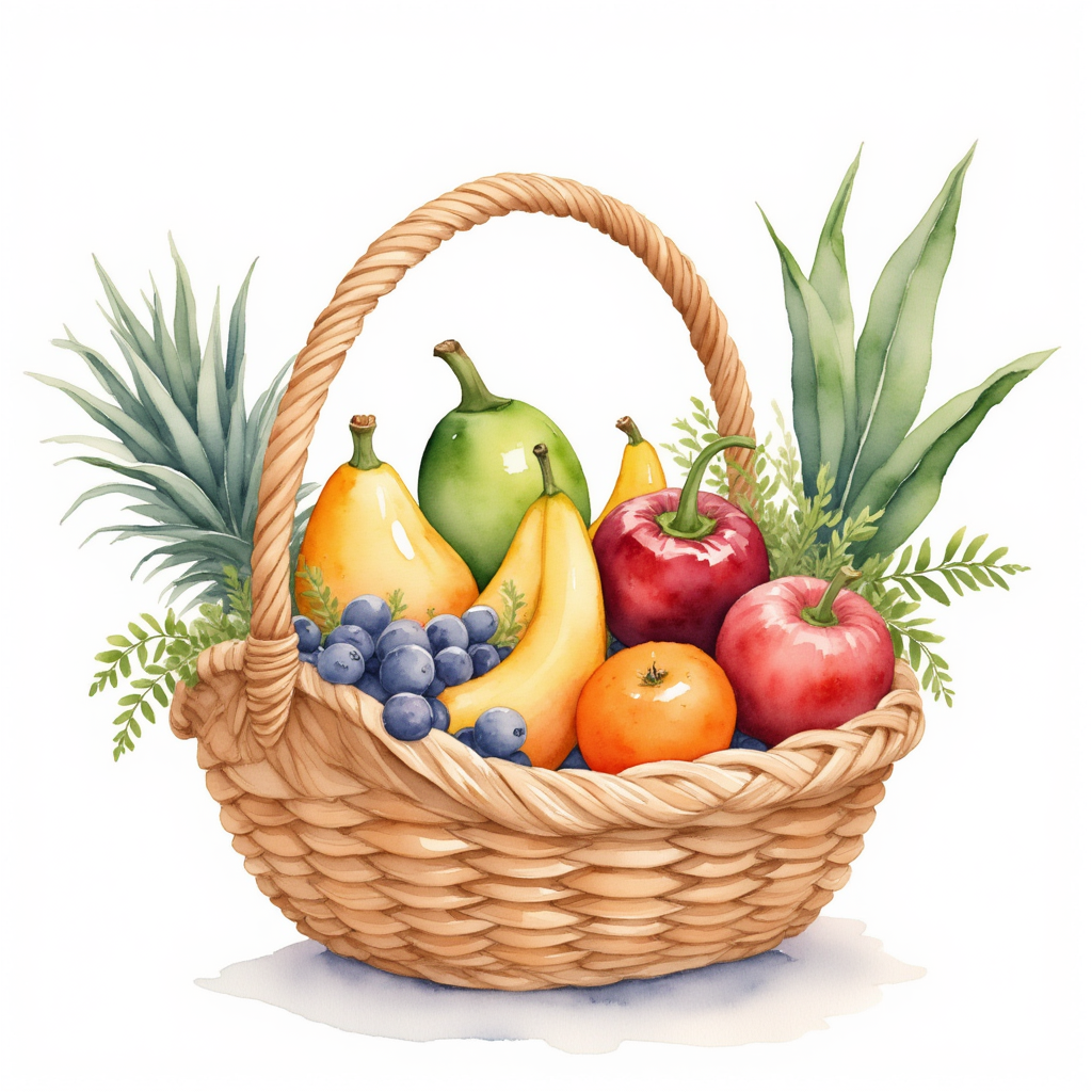 Depict a basket of fruits and vegetables