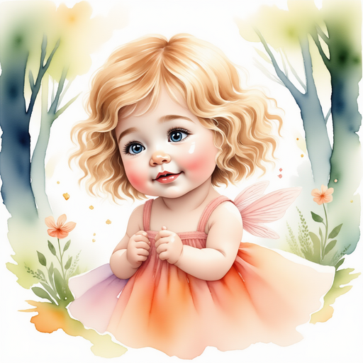 Illustrate Rosebud the pixie, her face alight with wonder at the angelfish's story. In the background, towering trees and a distant waterfall.