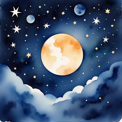 A shiny full moon sitting high in the night sky. Glowing stars and dark sky