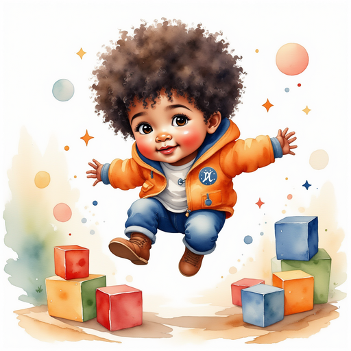 Zippy Zapata jumps over big, colorful blocks with a grin. In the background: The dresser is slightly open, waiting to be checked.
