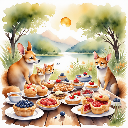A wooden table laden with an array of delicious treats like muffins, berry pies, and cookies, surrounded by the joyful camaraderie of animals happily mingling. In the background, the picturesque riverbank glows as the sun sets, adding warmth and magic.