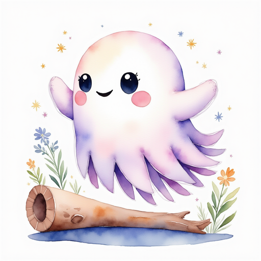 Glimmer Puff drifts above a fallen log, gesturing enthusiastically as if telling a story. In the background, gentle moonbeams illuminate a cluster of wildflowers.