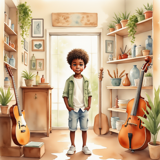 Michael in the music shop, looking at various instruments.