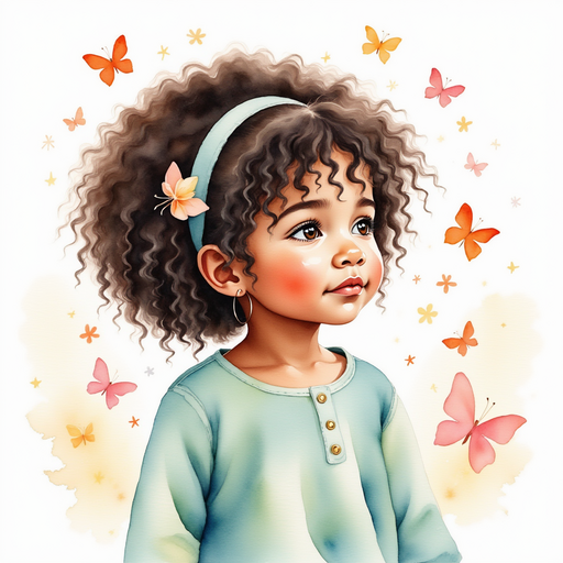 Lele, with a look of awe, standing among playful butterflies and twinkling fairy lights. In the background, a kaleidoscope of colors from the hovering butterflies.