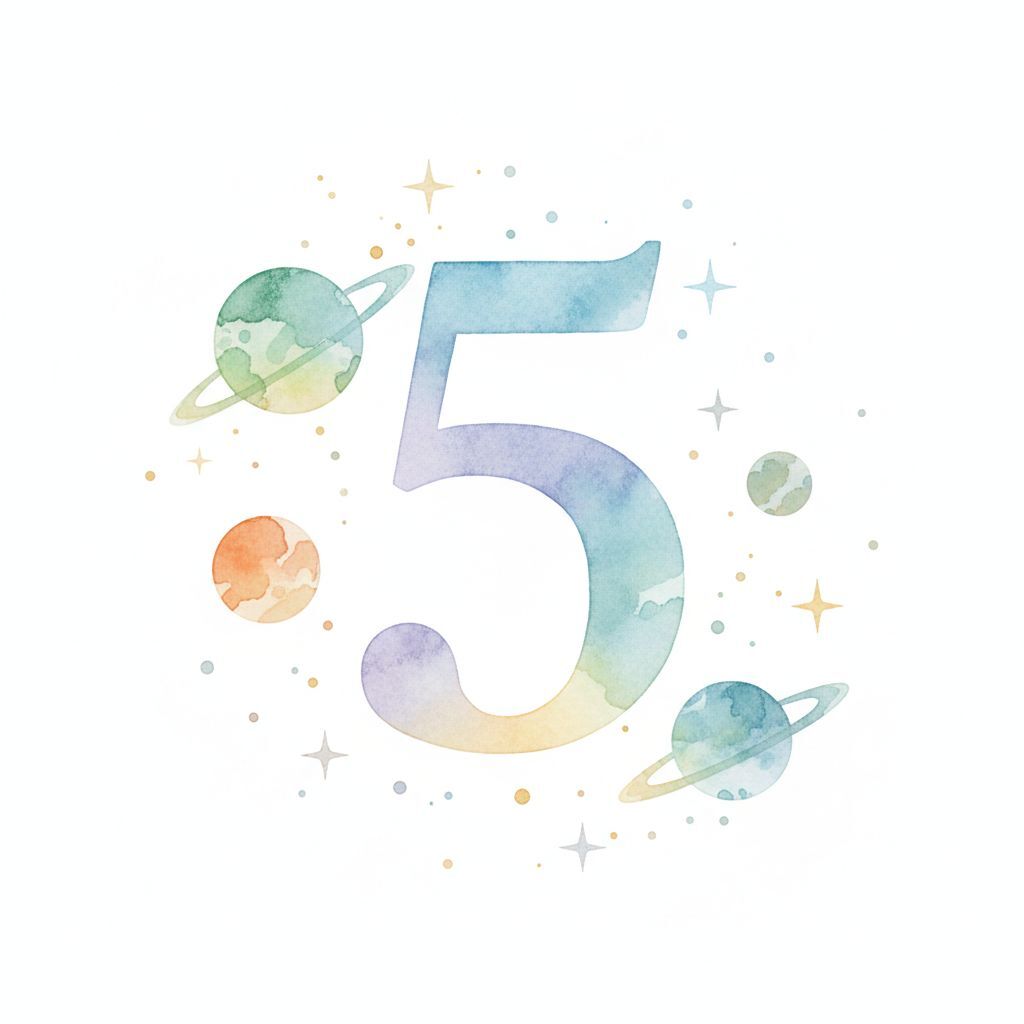 The number "5" surrounded by planets and stars.