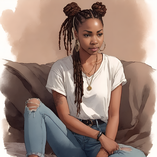 Shle worried dismayed close-up portrait shirt and denim jeans beaded brown and black dreadlock ponytail Gloomy seance room