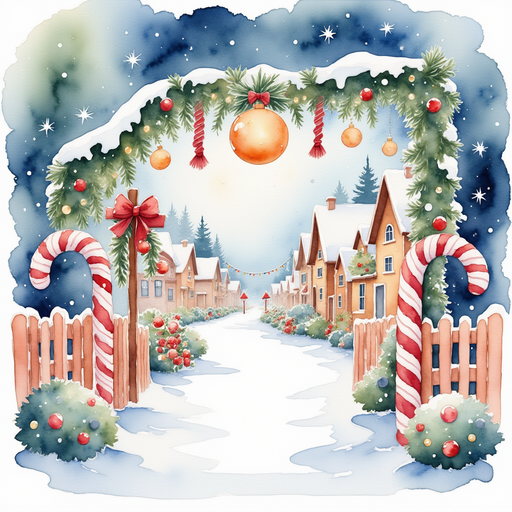 Twinkling lights and candy cane poles adorn the entrance of the village of Candy Cane Hollow, with peppermint fragrances wafting through the air. In the background, quaint candy-themed houses and snowy paths create a whimsical village scene.
