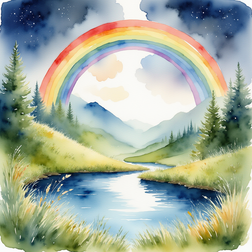 The magical rainbow arches over the hills, casting vibrant colors toward a sparkling pond. In the background, dark rain clouds part to reveal the emerging sunlight.