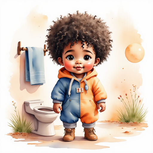 Zippy Zapata stands next to the magical potty, eyes wide with wonder. In the background, soft towels hang on a rack