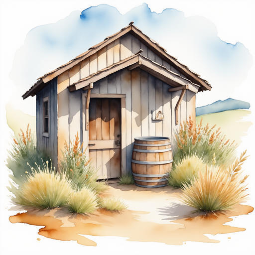 An old wooden barrel stands tall beneath the coop’s overhang. In the background, sagebrush grows in clusters.