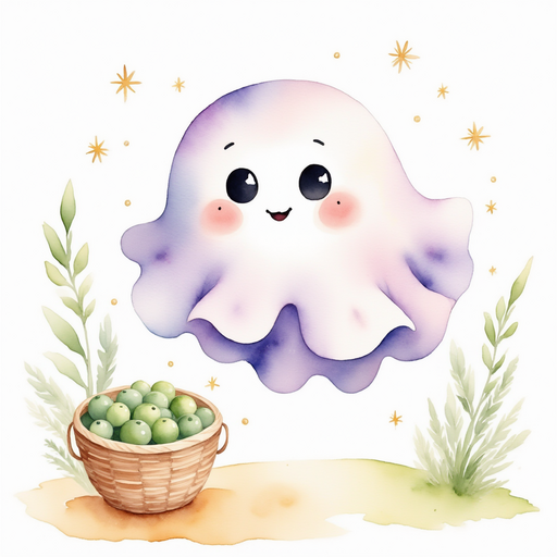 Glimmer Puff hovers above a basket of peas, tiny stars dancing around. In the background, a gentle breeze moves a cloth canopy.