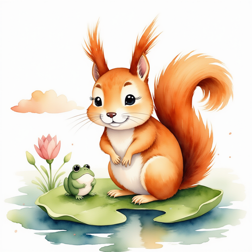 Sammy sits atop a lilypad raft, singing joyfully with the frogs. In the background, the calm waters of the pond reflect fluffy clouds.