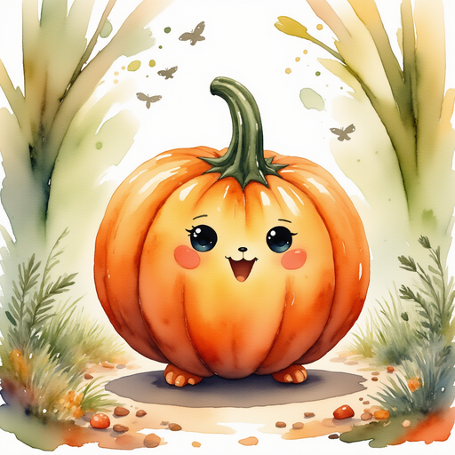 The bright orange pumpkin squats on the path, looking grumpy. In the background twisting vines and tiny pebbles line the ground