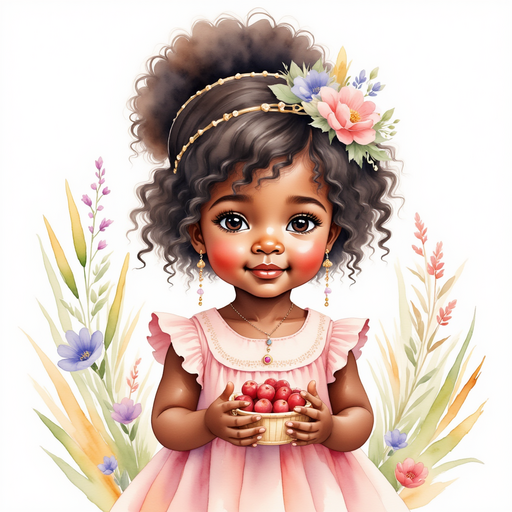 Princess Zoombella - who is black - holds a small basket of red berries. In the background are wavy blades of grass.
