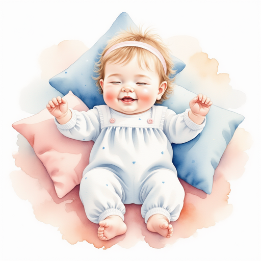 The baby sister stretches her little arms with a sleepy smile. In the background pastel cotton candy pillows.