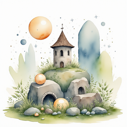 Two shimmering pearls rest atop the rocky tower, one old and one new. In the background, vines dangle from large, mossy stones.