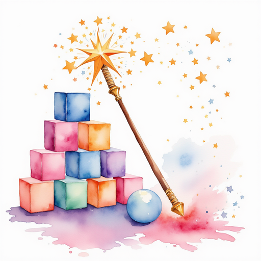 A wand with a shiny star tip glimmers in the air. In the background: Colorful toy blocks are stacked in a tall tower.