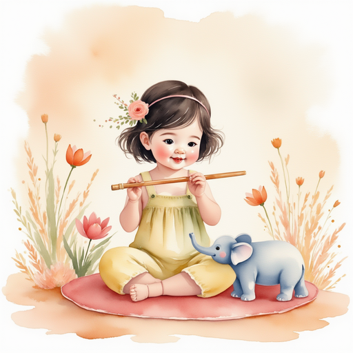 Grace playing the flute and making the toy elephant dance.