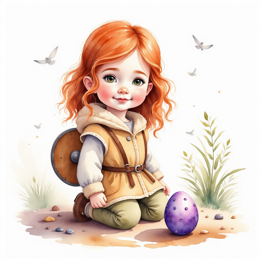 Bolda kneels by a purple egg. In the background, gleaming pebbles sparkle quietly.