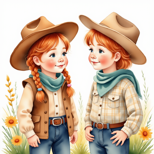 Calamity Kate and the wise old cowboy chatting calmly In the background, a field speckled with bright wildflowers