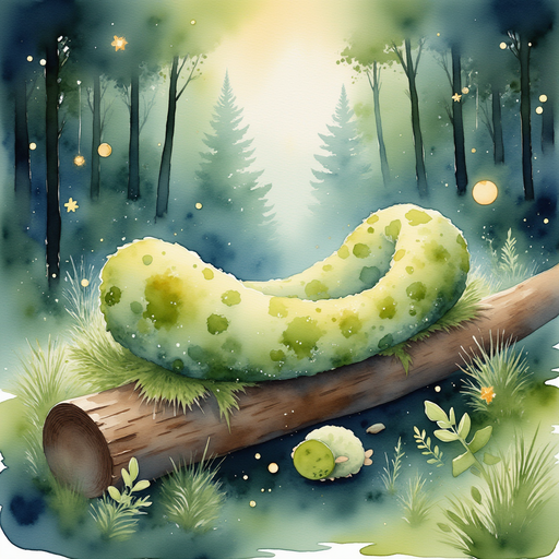A mossy cradle rests on a fallen log. In the background, fireflies twinkle under tall trees.