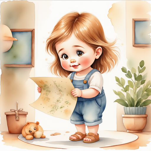 Millie carefully examining the old map with a curious look on her face. A cozy room with scattered household items.