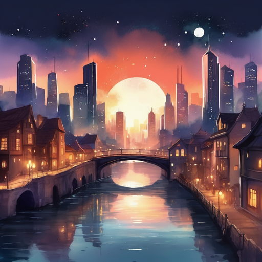 Cityscape skyscrapers and buildings bustling city bridge and river in nearby dsitance at night glowing spirit light in the center of the town of Stellaris.