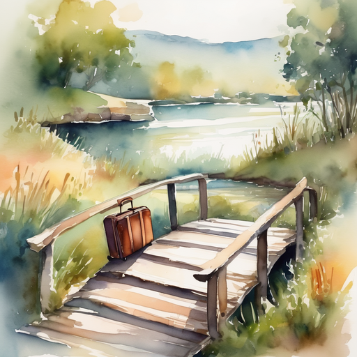 A solitary suitcase on the rustic bridge in Oracle Village.