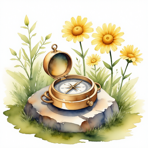 A shiny brass compass rests on a mossy rock. In the background is a cluster of yellow daisies.