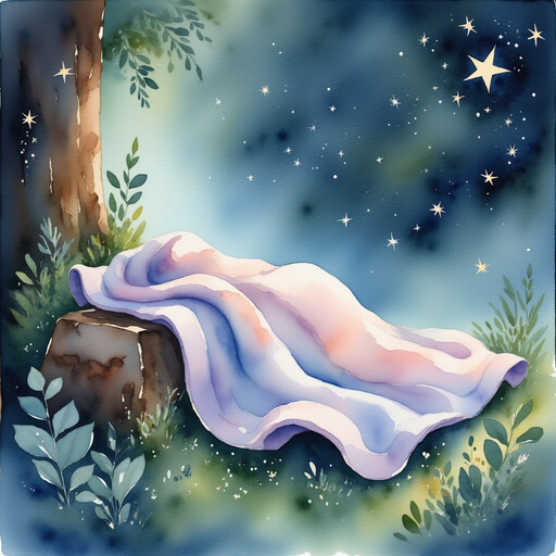 A soft blanket draped over a tree branch. In the background, glowing fireflies dance.