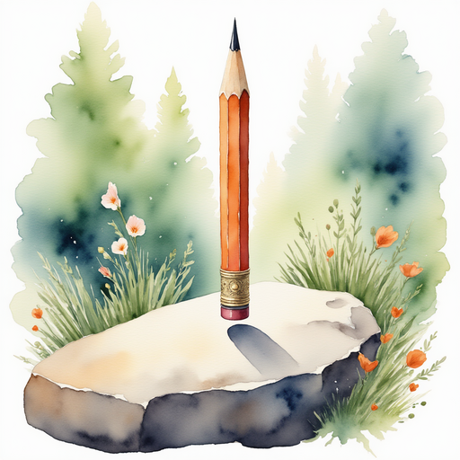 A pencil, elegantly ornate and delicately balanced on a rock, symbolizing the conclusion of the riddles. In the background, a small patch of blooming wildflowers peeks through the forest greenery.