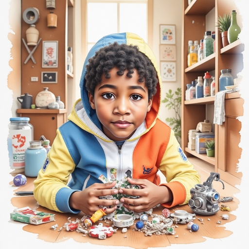AriYah gathering small machine parts from the attic floor. In the background, open boxes filled with odd trinkets