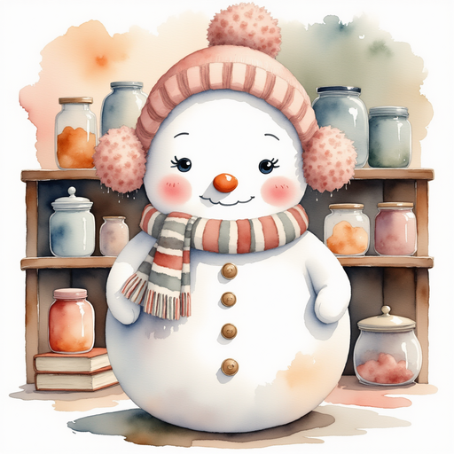 Frostyline stands beside a dusty cookbook, smiling broadly. In the background, shelves full of old jars line the walls.
