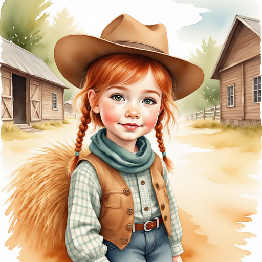 Calamity Kate leans against a straw bale, her hat tipped slightly forward. In the background, large barn doors stand open to the sunny sky.