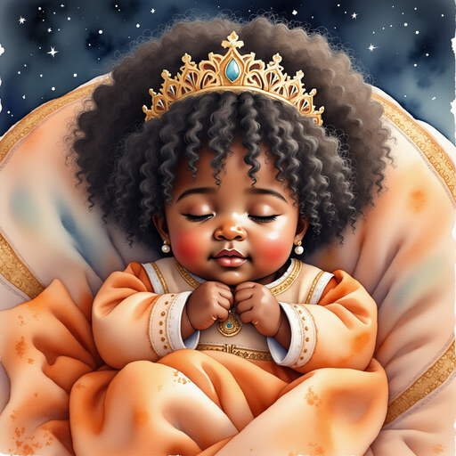 Queen Neena cuddled in the blanket, eyes closed, breathing calmly. In the background, soft starlight on the ground.