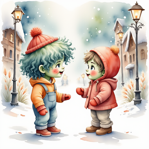 Zigzag Zander talks to a villager wearing a warm coat and mittens. In the background, lanterns on tall posts light up the snowy walkway.