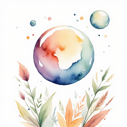 Show the floating bubble with swirls of many colors, about to burst. In the background are softly swaying stems.