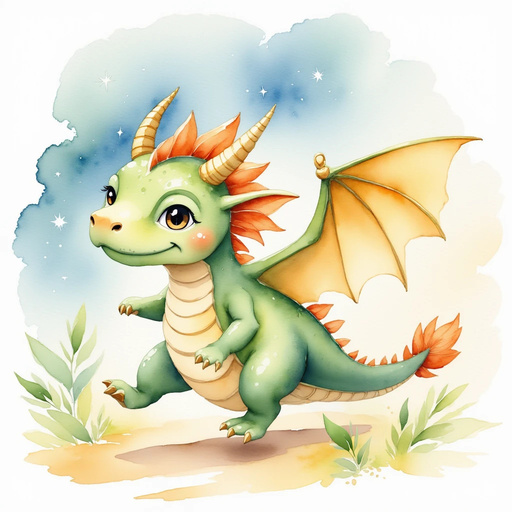 Ember Flare hops along a winding path, tail swishing with excitement. In the background, moonbeams dance on sparkly stones.