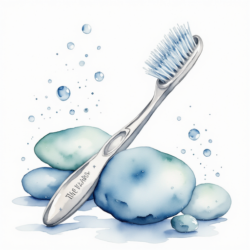 A silver toothbrush with little sparkles etched along its handle. In the background, droplets of water glisten on smooth stones.