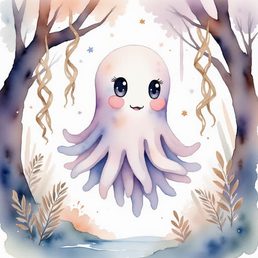 Glimmer Puff hovers with a concerned face, peering between branches. In the background, twisted vines dangle from the trees