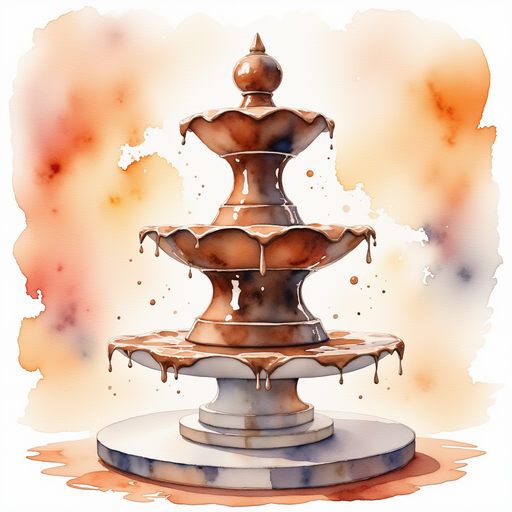 A tall fountain with wide tiers stands silently, missing its usual chocolate flow. In the background gleaming candy tiles.