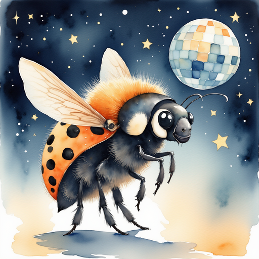 Penny the firefly dances in loops under the night sky. In the background, Gus emits bright flashes, resembling a disco ball.