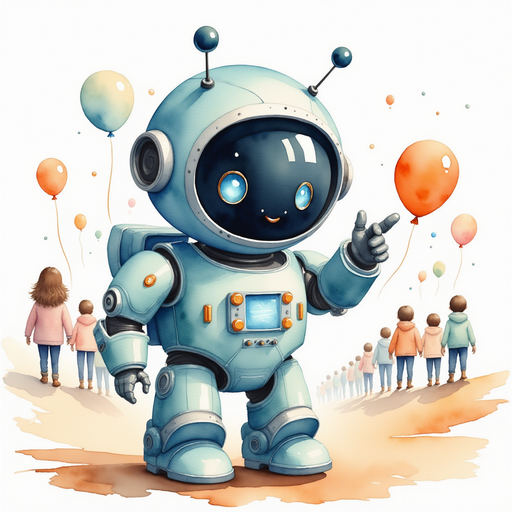 Blinky Sparx tapping a silver finger on a control panel In the background, rows of people watching balloons in the distance.