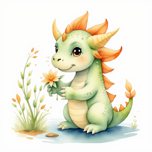 Ember Flare sniffing a flower. In the background, gentle water ripples.