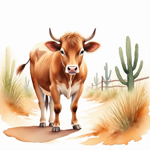 The stubborn cow stands firmly, staring back at Kate. In the background, a cactus rises along a dusty fence.