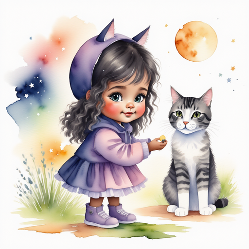 Luna Lighthug - who is black - crouches gently to pick a shiny petal. In the background, soft grass rustles under a soft moonlight.