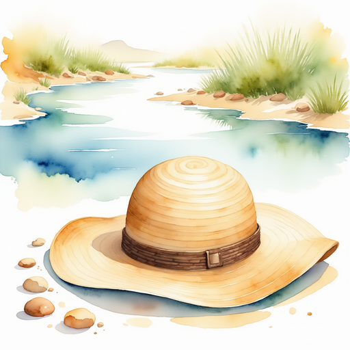 Show the straw hat alone, with small pebbles scattered beside it. In the background, a gentle stream reflects the sunny sky.
